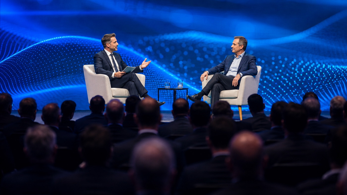 Live-Interview auf einer Eventbühne mit Moderator und Gast