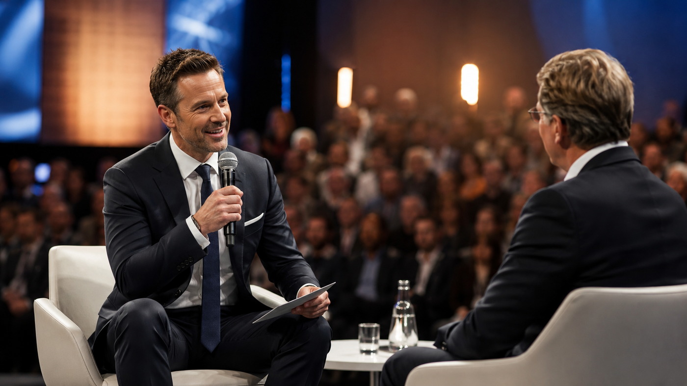 Moderator führt ein Live-Interview auf einer professionellen Bühne