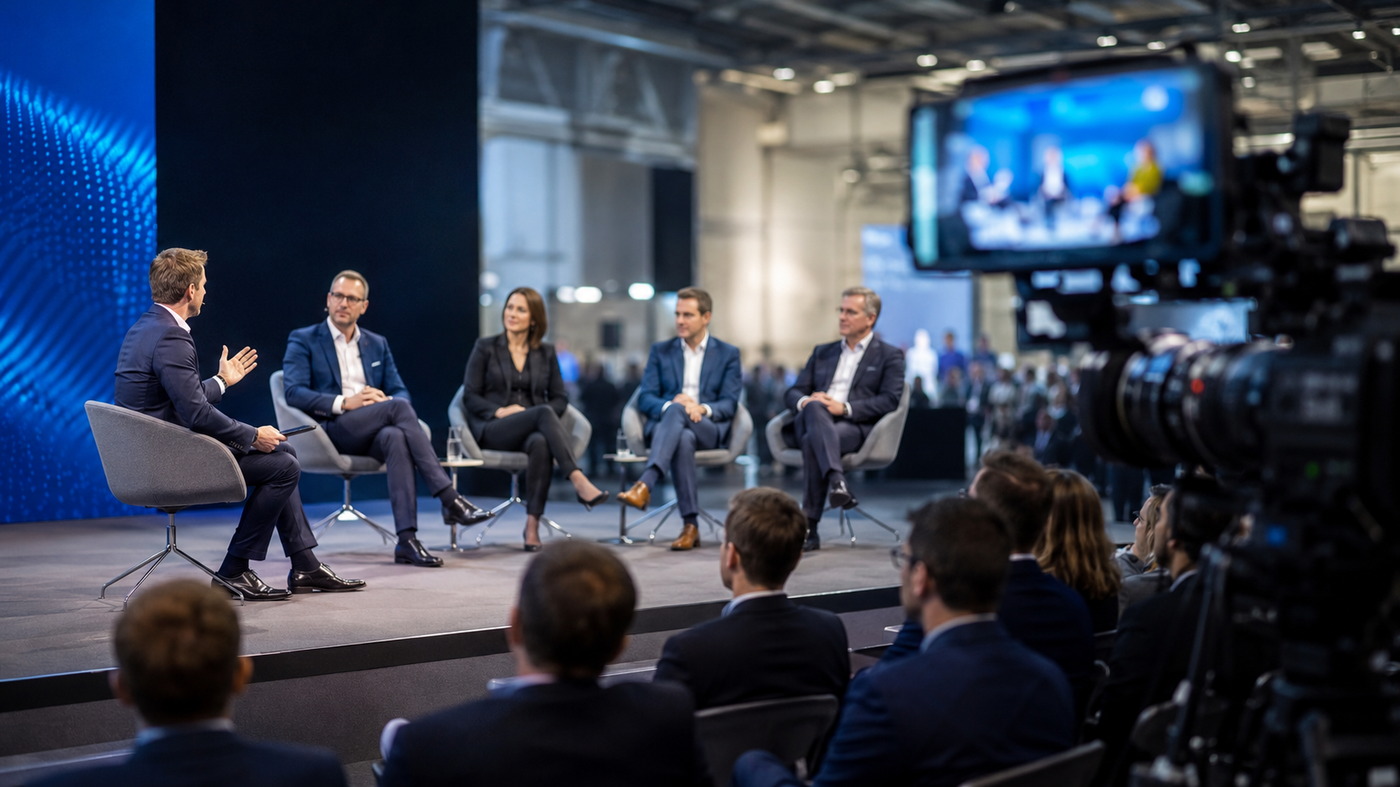 Moderator leitet eine Podiumsdiskussion mit Kamera und Publikum